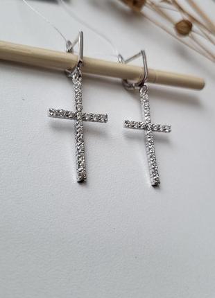 Серебряные сережки серьги кресты с белыми камнями серебро 925 пробы родированные 53921р 3.70г6 фото