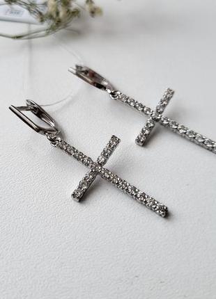 Срібні сережки (пара) сережки хрести з білим камінням срібло 925 родовані 53921р 3.70г9 фото