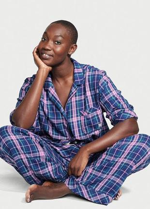 Фланелевая женская пижама victoria's secret, кофта и штаны, домашний костюм сине-розовая клетка размер xs