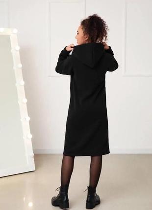 Черное теплое платье худи с капюшоном3 фото