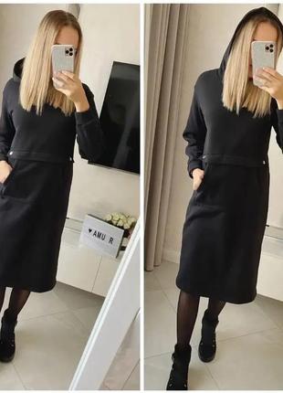 Черное теплое платье худи с капюшоном2 фото