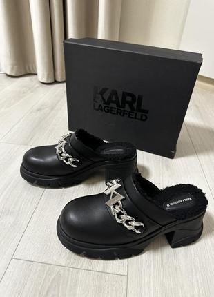 Шикарные кожаные мюли шлепанцы туфли на меху karl lagerfeld