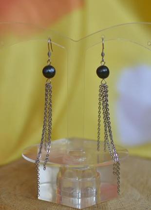 Сережки-ланцюжки з чорними перлами  "перлина сходу"2 фото