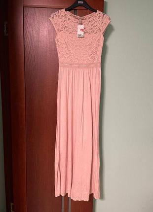 Очень красивое длинное с кружевным лифом платье 6-8 размера