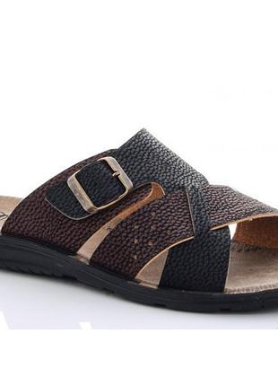 Мужские шлёпанцы тапочки сланцы чёрные с коричневым кожаные (размеры: 41,42,43,44)
