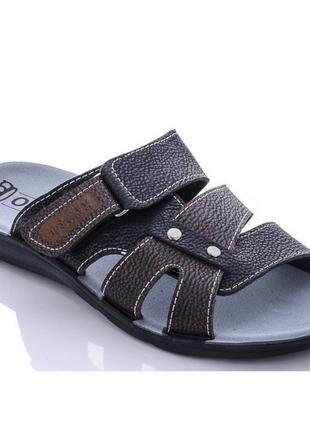 Мужские шлёпанцы тапочки сланцы чёрные с коричневым кожаные (размеры: 41,42,44,45)