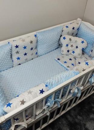 Набор в детскую кроватку для новорожденных защита( бортик 12 подушек) + плед + подушка + простынь на резинке3 фото