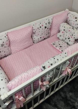 Набор в детскую кроватку для новорожденных защита( бортик 12 подушек) + плед + подушка + простынь на резинке7 фото