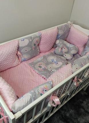 Набір у дитяче ліжечко для новонароджених захист ( бортик 12 подушок) + плед + подушка + простирадло на гумці7 фото