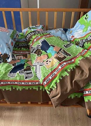 Комплект постельного белья для новорожденных  в детскую кроватку 110*140 см майнкрафт салатовый цвет  бязь