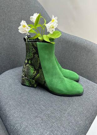 Классические зелёные ботинки замша + кожа с тиснением4 фото