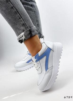 Белые с голубым синим натуральные кожаные кроссовки на толстой грубой подошве платформе кожа8 фото