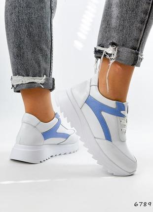 Белые с голубым синим натуральные кожаные кроссовки на толстой грубой подошве платформе кожа5 фото