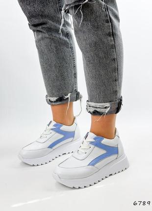 Белые с голубым синим натуральные кожаные кроссовки на толстой грубой подошве платформе кожа6 фото