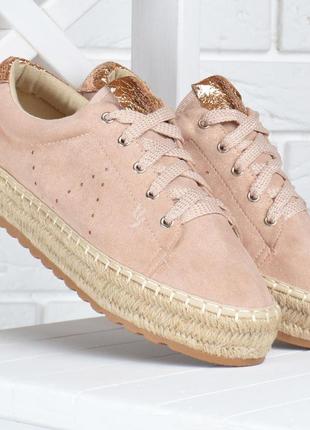 Кеди жіночі еспадрільї на плетеним платформі pink sneakers пудра золото беж