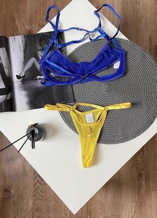 Сексуальное женское нижнее белье: трусики и лиф сине-желтый желто-синий