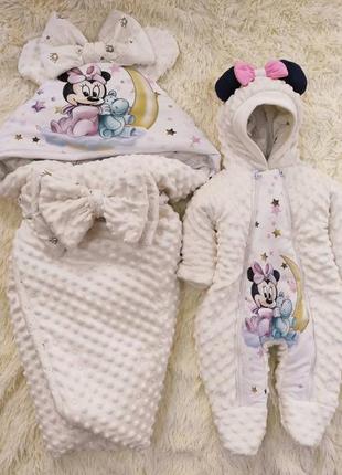 Комплект одежды для новорожденных девочек зимний, принт minni с бегемотиком