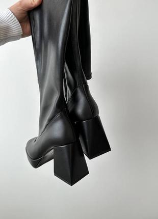 Стильні чоботи,ботфорти на каблуку жіночі чорні шкіряні демі,демісезонні осінні,весняні (на осінь,весна)6 фото