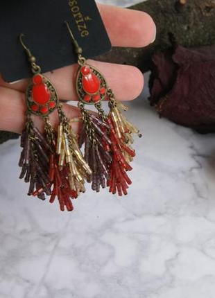 Сережки длинные лето 2019 бохо фиолетовые красный