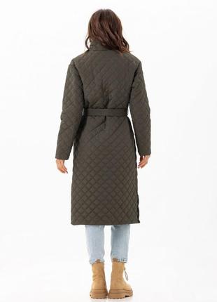 Пальто женское миди стеганое утепленное плащевка демисезонное весеннее осеннее бренд хаки7 фото