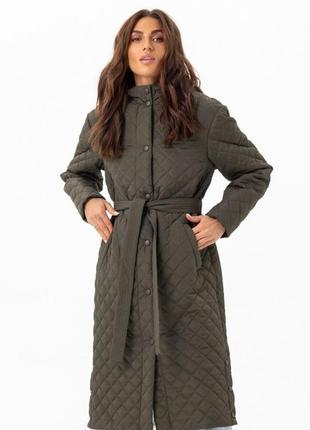 Пальто женское миди стеганое утепленное плащевка демисезонное весеннее осеннее бренд хаки2 фото