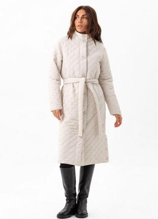 Пальто жіноче міді стьобане утеплене плащівка демісезонне весняне осіннє демі бренд молочне3 фото