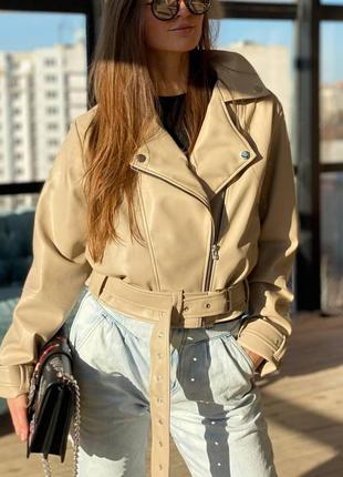 Жіноча куртка косуха з м'якої еко-шкіри на підкладці із замші розмір s(42/44),m (44/46) колір слонова кістка5 фото