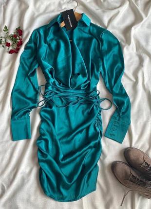 Смарагдово-зелена  вечірня сукня сорочка плаття рубашка зі зборкою plt4 фото