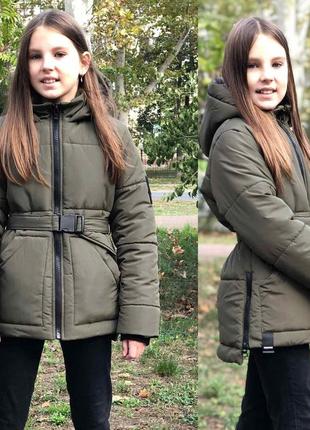 Демисезонная подростковая теплая куртка для девочек (хаки),  размеры 34 - 42 на рост 128-156 рост3 фото