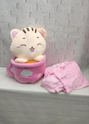 Мягкая игрушка подушка - плед 3 в 1, котик в чашке, кружке 50см4 фото