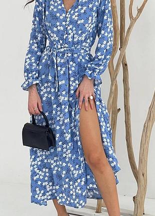 Шикарное голубое платье цветочный принт