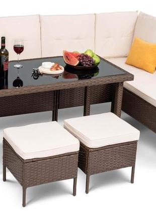 Комплект меблів з ротангу (диван кутовий, стіл, 2 пуфи, подушки) di volio venice коричневі
