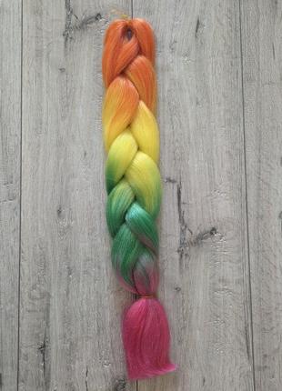 Канекалон  радуга jumbo braid - оранжевый/желтый/зеленый/розовый (d3) 100 гр 60 см