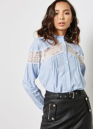 Блуза топ сорочка з мереживом бавовна якісна стильна біла блакитна в смужку