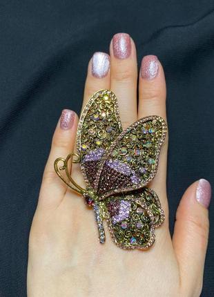 Брошь заколка винтажная бабочка золотистый с разноцветными камнями4 фото
