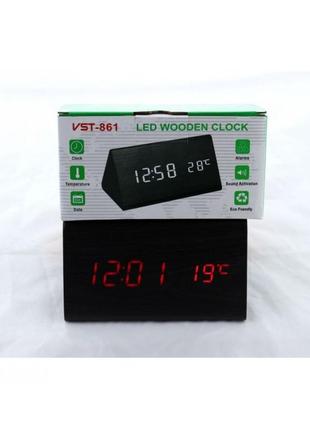 Дерев'яний настільний годинник vst-861 світлодіодний (червона підсвітка) чорний1 фото