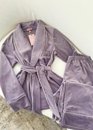 Велюровый плюшевый лиловый костюм для дома, пижама, пиджак с брюками, шаль