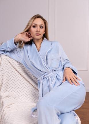 Велюровий плюшевий блакитний костюм для дому, піжама, піджак зі штанами, шаль4 фото