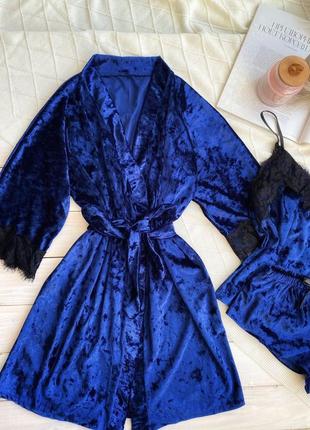 Велюровая синяя пижама с халатом, велюровый комплект, шорты майка халат3 фото