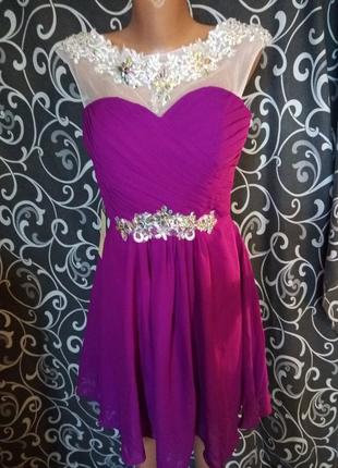 Нарядное вечернее выпускное платье с камнями и верхом из сетки шифоновое grace karin