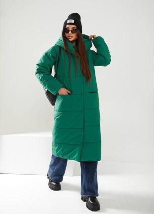 Стильне довге пальто стьобане жіноче а521 зелене трава зеленого кольору3 фото