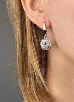 Серебряные серьги с белым фианитом, 925, серебро с золотом