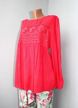Блуза кофточка по типу бебидолл / красный коралл шифон жатка со вставкой ажура, 16/442 фото
