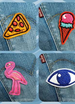 Набор значков, нашивок " пицца, мороженое, глаз и фламинго"