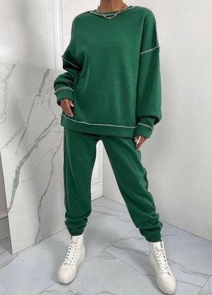 Костюм женский теплый, однотонный, теплый зеленый, качественный оверсайз свитшот брюки джоггеры на высокой посадке с карманами качественный стильный