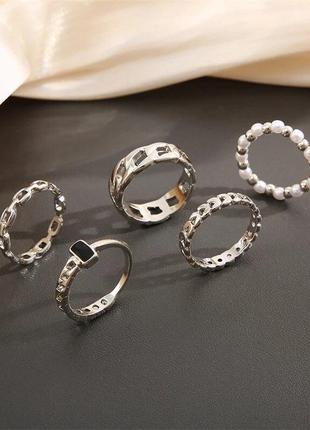 Набор 5 колец черная вставка бусина тренд