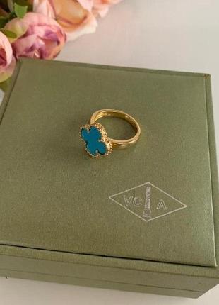 Клевер стиль ван клиф набор голубой - подвеска, серьги, браслет, кольцо. позолота 18к. можно по отдельности3 фото