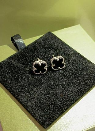 Клевер маленький стиль ван клиф серьги черные эмаль под оникс серебро 925 проба