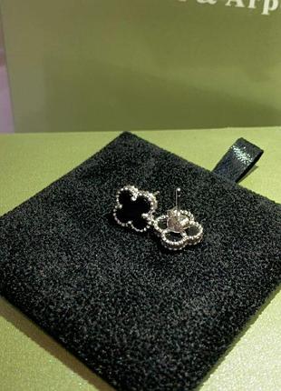 Клевер маленький стиль ван клиф серьги черные эмаль под оникс серебро 925 проба