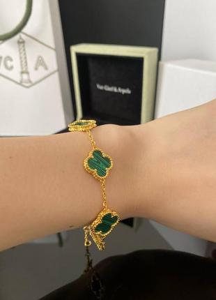 Золотистый браслет с клеверами, бренд люкс качество, позолота с зеленым мрамором